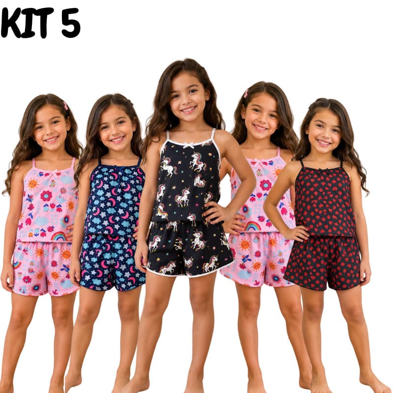 Kit 5 Pijamas Infantil Feminino Microfibra Baby Doll Estampado Confortável