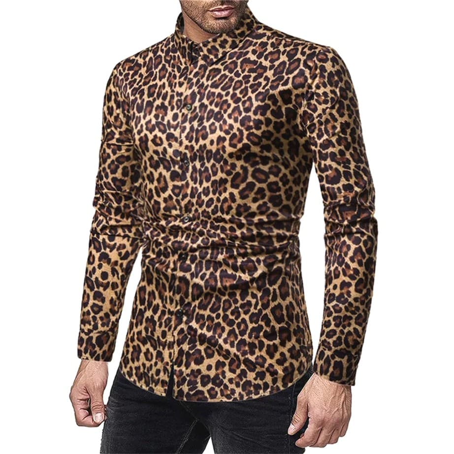 Europeu Cross-Border leopardo impressão camisa masculina seda gelo quatro lados elástico não-ferro de manga comprida Sex