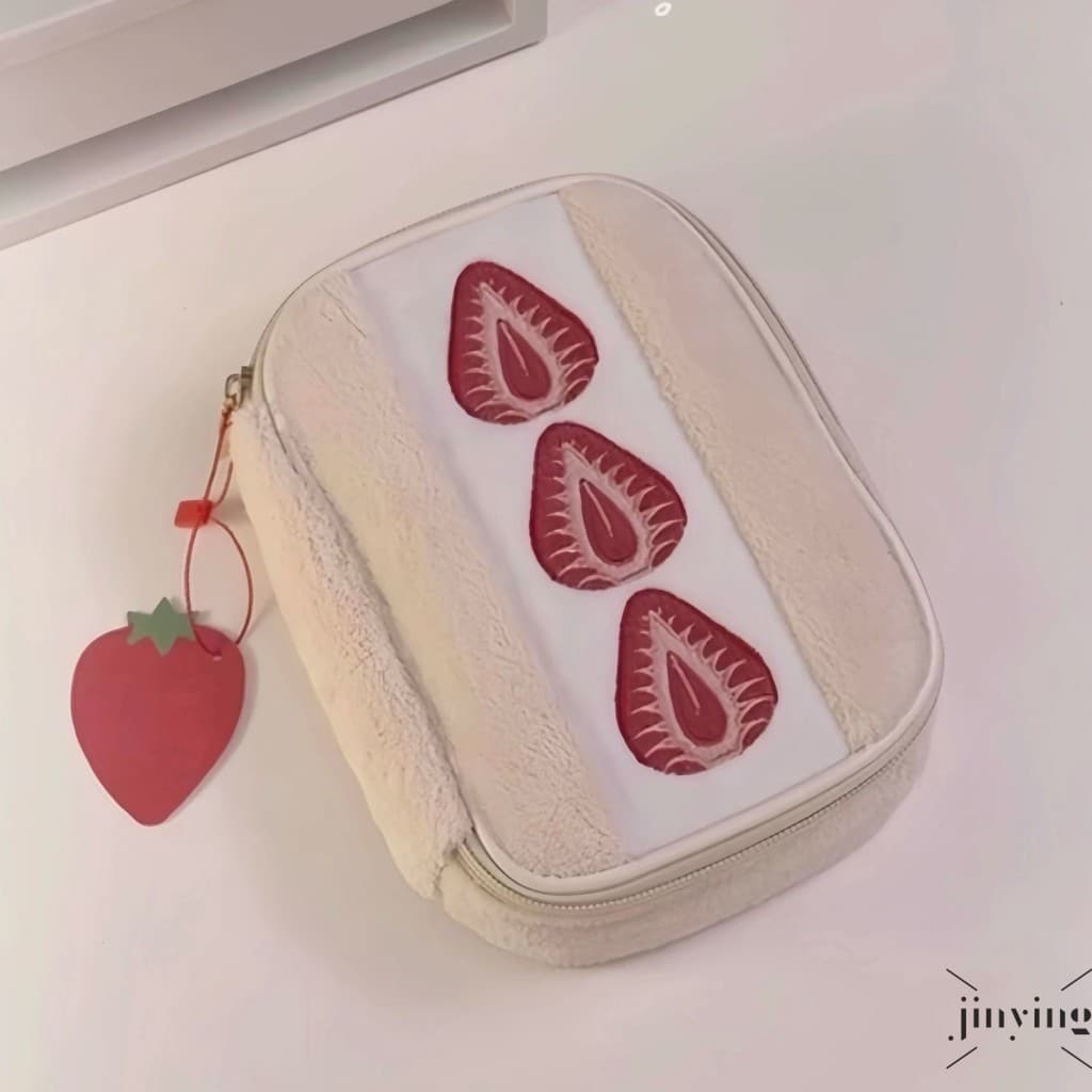 Estojo Bordado De Morango-Bolsa Cosmética De Pelúcia De Grande Capacidade Para Estudantes