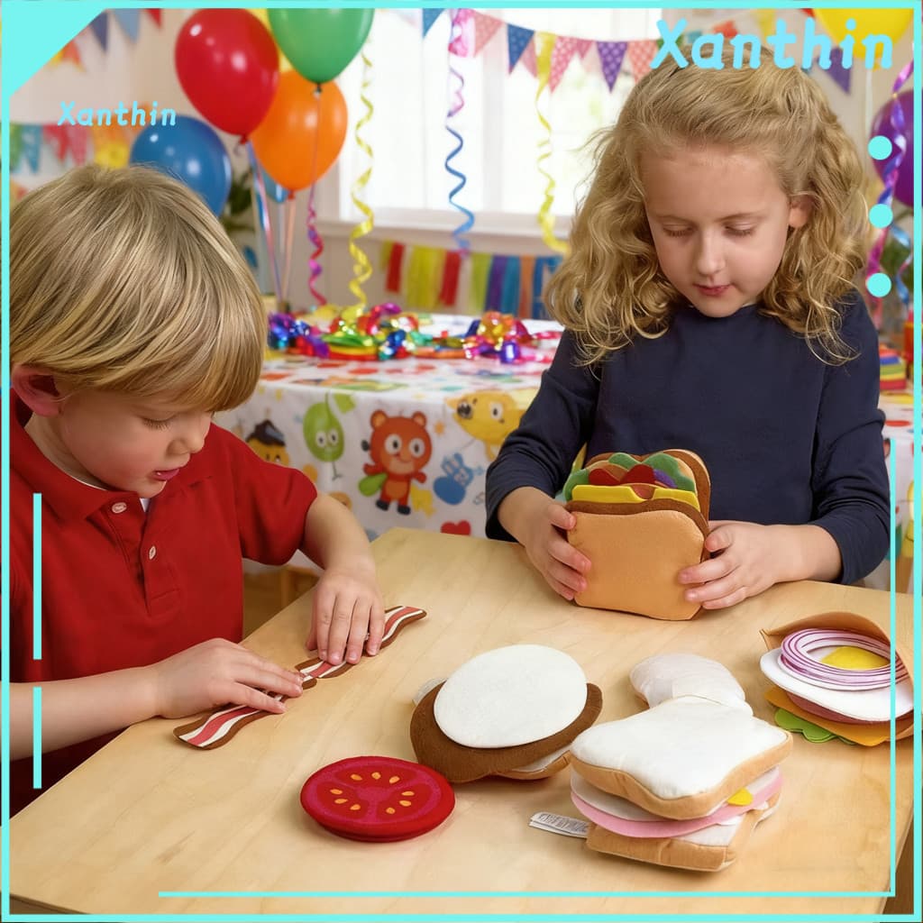 Role-playing Toy for Children 28 Pcs Soft Felt Play Food Set Hamburger Sandwich Beef Steak Vegetables Pretend Kitchen fo