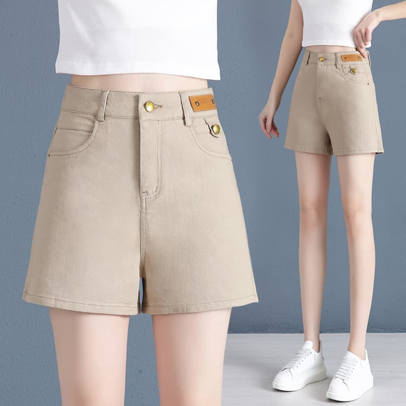 Cáqui Denim Shorts feminino 2026 verão novo estilo cintura alta reta a linha estilo fino pequeno perna larga calças quen
