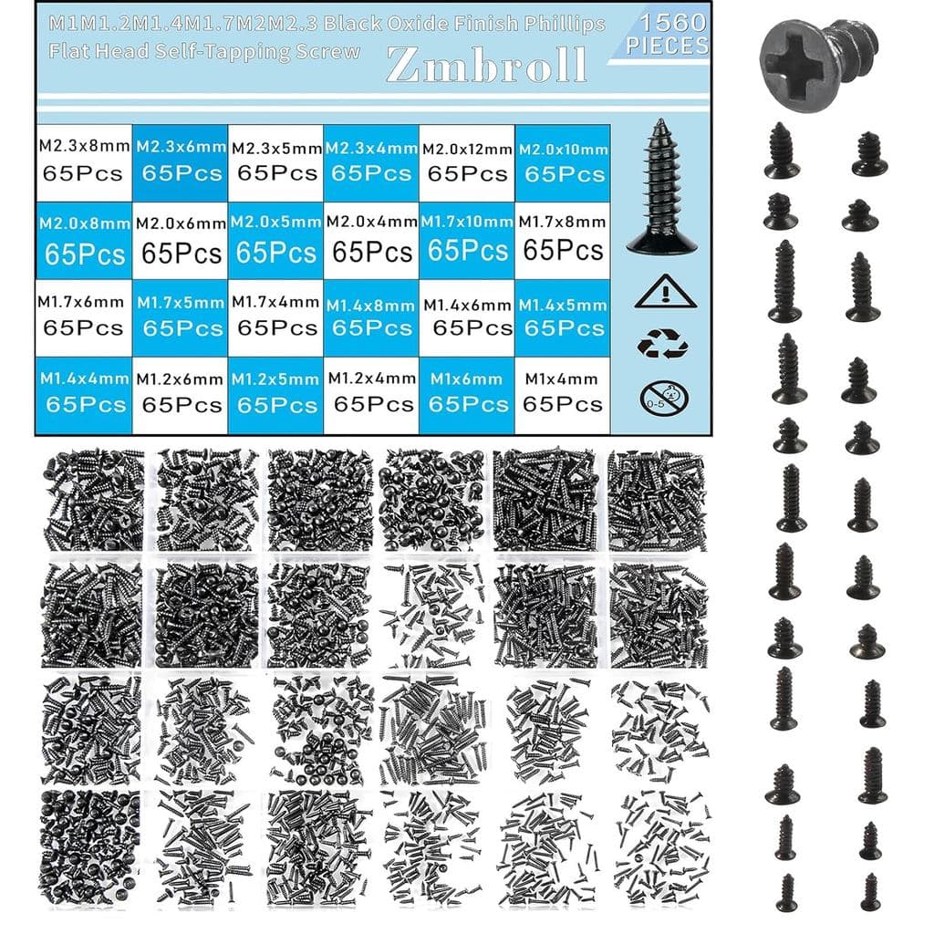 1560Pcs Black Flat Head Self Tapping Screws M1/1.2/1.4/1.7/2/2.3 Mini Cross Drive Countersunk Tiny Screw Woodworking Sma