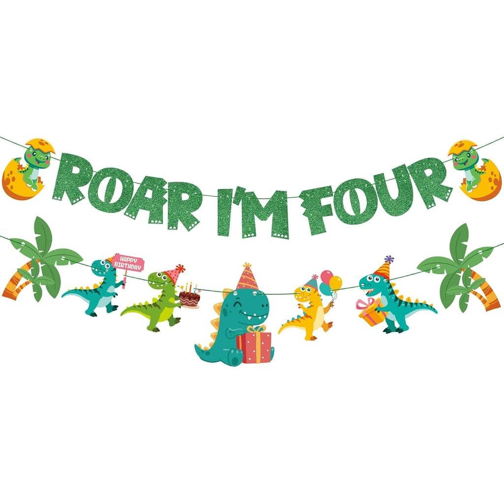 Banner de Aniversário Roar Im 4 - Banner de Aniversário de Dinossauro para Menino, Banner de Feliz Aniversário de Dinoss