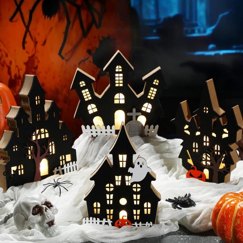 Bucherry Conjunto de 4 Peças de Decoração de Mesa para o Halloween, Casa Assombrada Iluminada de Madeira, Decorações de
