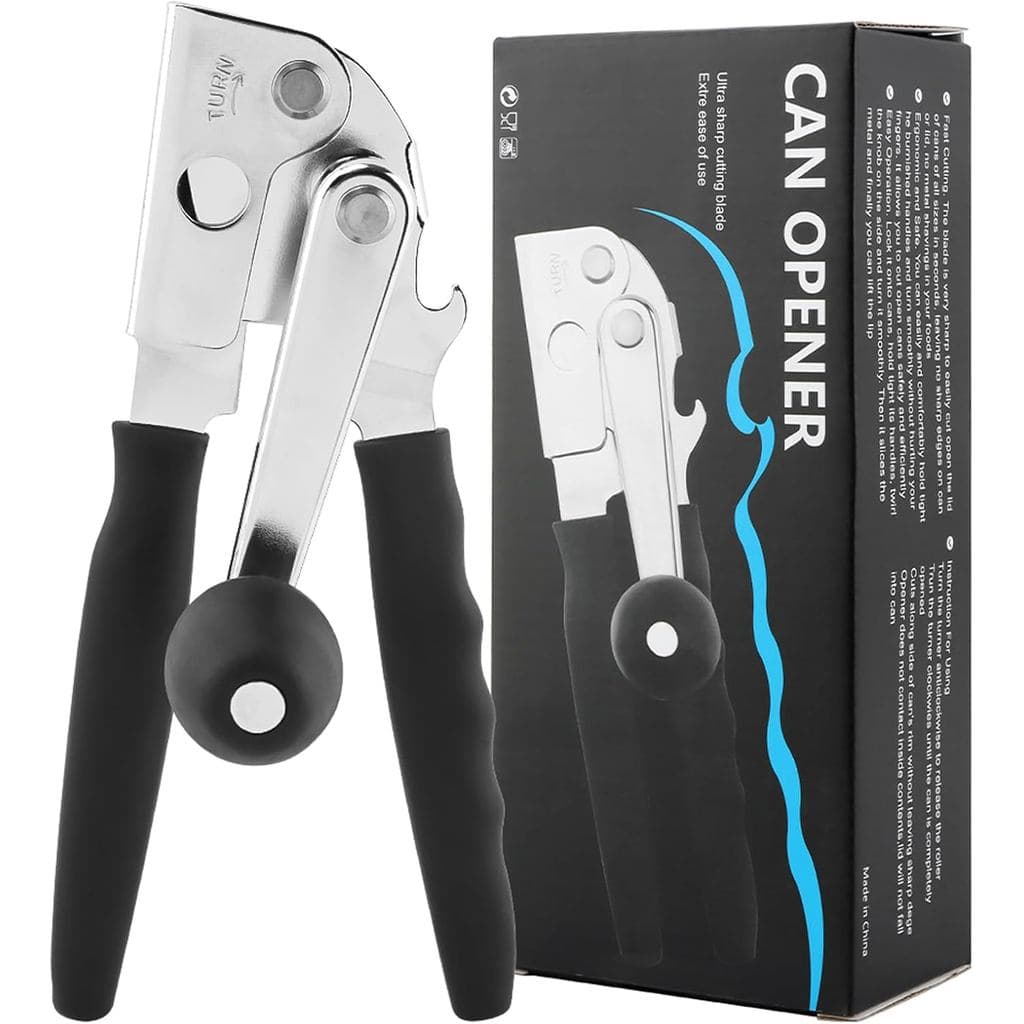 Manual Can Opener, Heavy Duty Ergonomic Design with Folding Crank Handle, Smooth Edge Cutting for Home & Commercial Use,