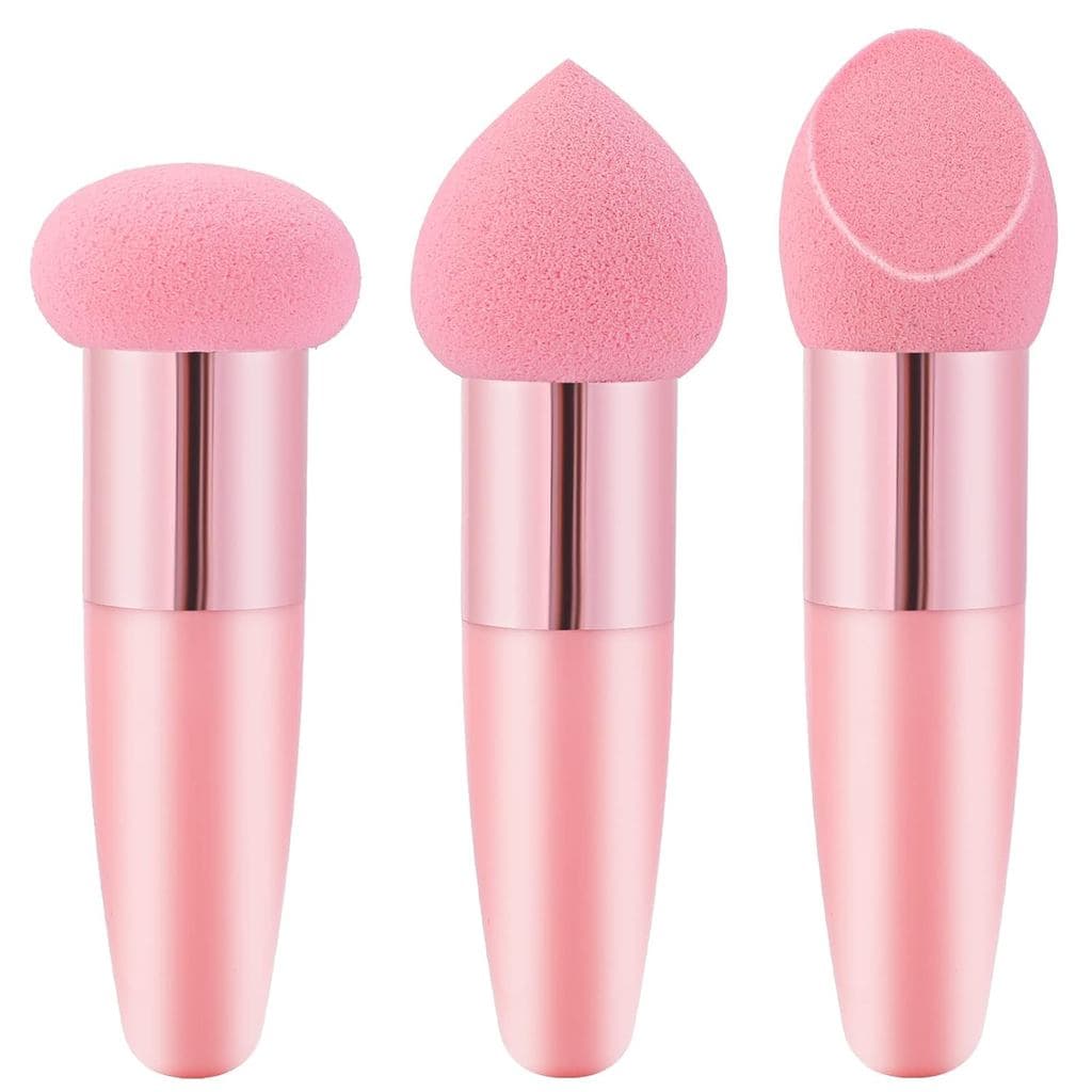3 Esponjas de Maquiagem para o Rosto, Esponja Profissional para Base com Cabo, Esponjas de Maquiagem para Uso Seco e Mol