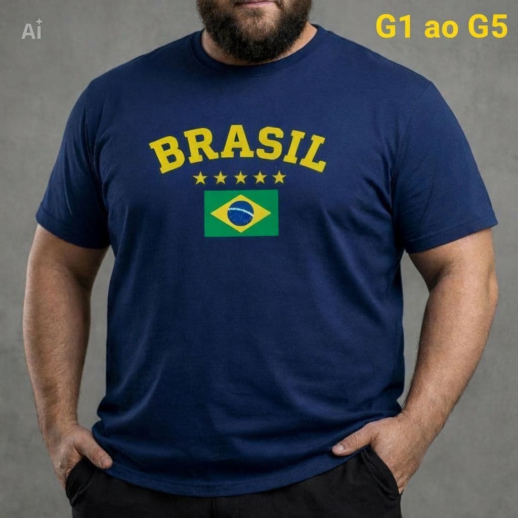 Camiseta Brasil Plus Size G1 ao G5 100% Algodão Premium Torcedor Estampa Brasil Masculina Casual
