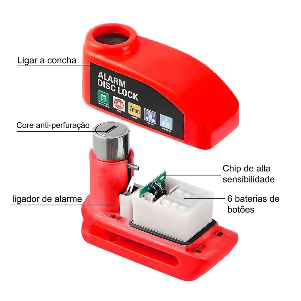 Trava de Disco com Alarme para Moto Cadeado Antifurto 7mm Freio a Disco XIMING