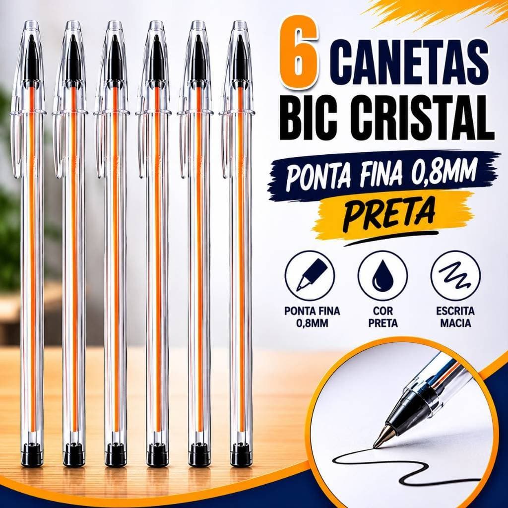 KIT 6 CANETAS BIC CRISTAL PONTA FINA PRETA 0,8mm CANETA ESFEROGRAFICA ESCOLAR/ESCRITORIO