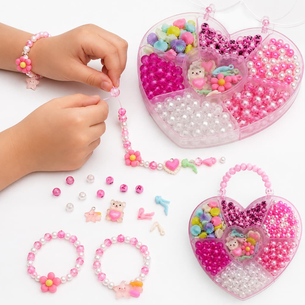 Kit Miçangas Letras A-Z 1000 Peças Pulseiras Colares Caixa Organizadora Fio Silicone Fechos Tesoura
