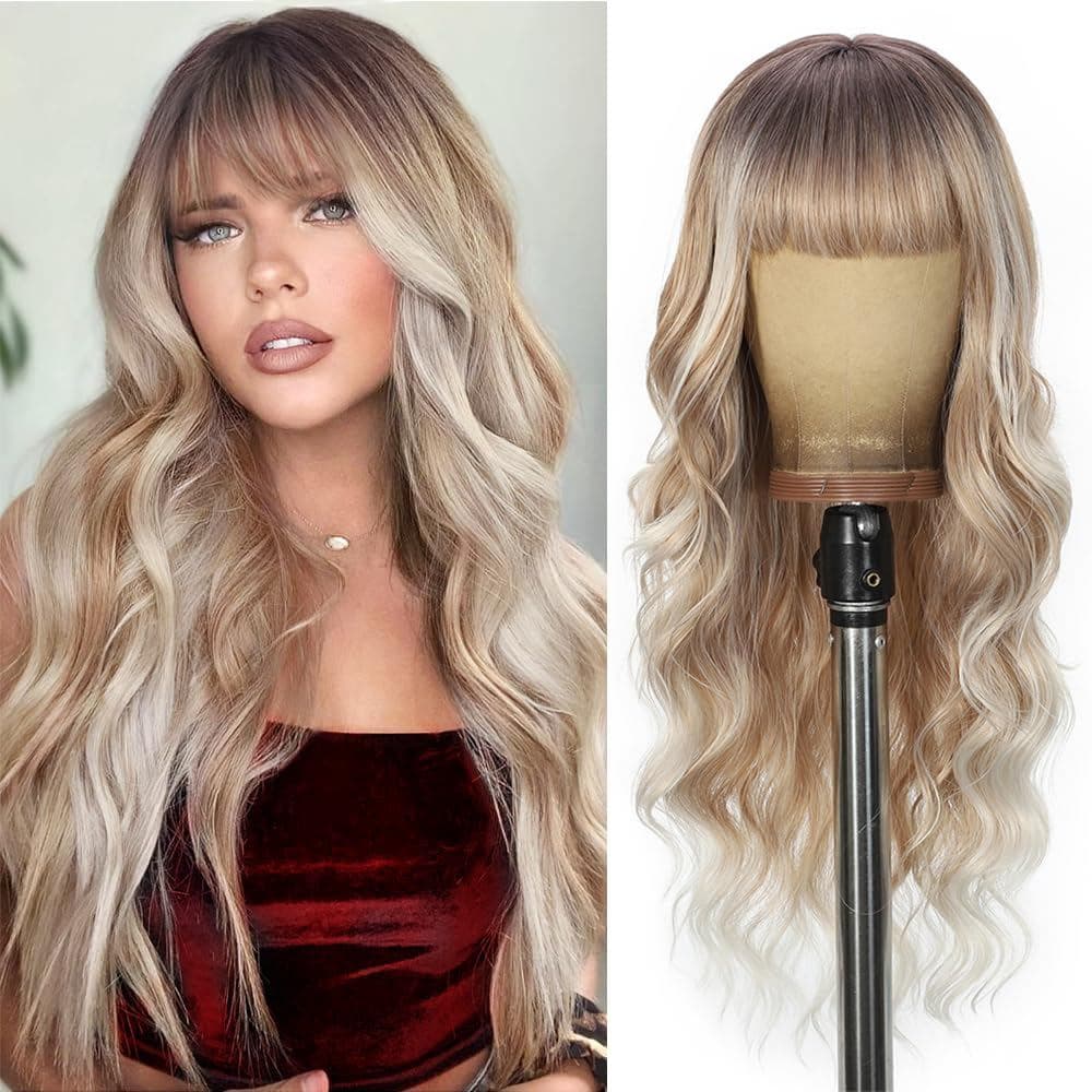Perucas Ombre Loiro com Franja, Peruca Longa Cacheada Ondulada com Mechas Loiro Platina para Mulheres, Perucas Sintética