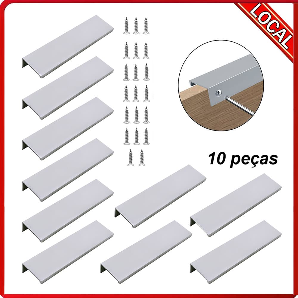 10 maçanetas invisíveis para porta de armário (15x3.3CM) cinza com parafusos Material de liga de alumínio resistente à c