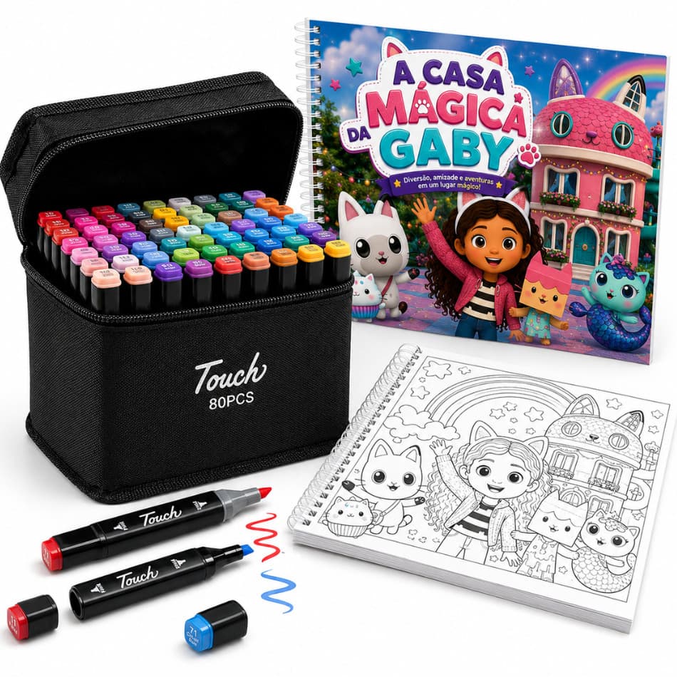 Kit Livro De Colorir A Casa Mágica Da Gaby 50 Folhas 180g Com 24/36/48/60/80 Canetinhas Profissionais