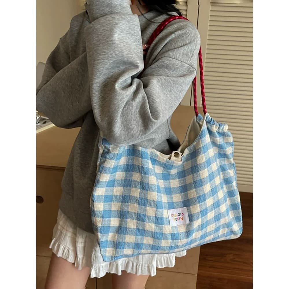 2026 estilo Casual preguiçoso xadrez bolsa de lona feminina grande capacidade Commuter ombro sacola nicho All-Match bols