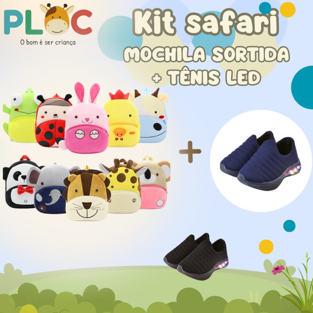 Kit Safari Ploc: MOCHILA SAFARI SORTIDA MENINO + Tênis LED Passeio Escola LED26