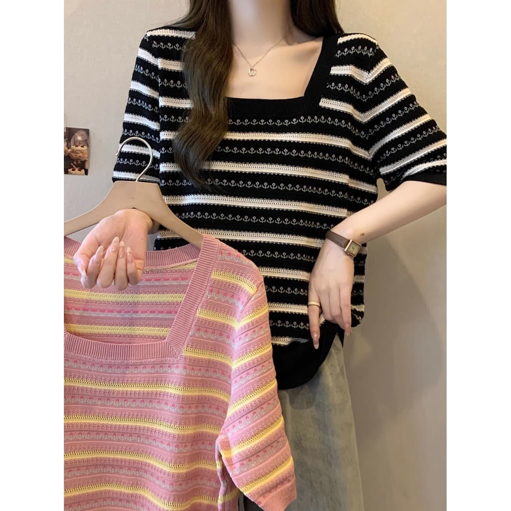 Solto mais magro olhar [40-100kg] gola quadrada contraste cor gelo seda manga curta camiseta feminina verão moda flor co