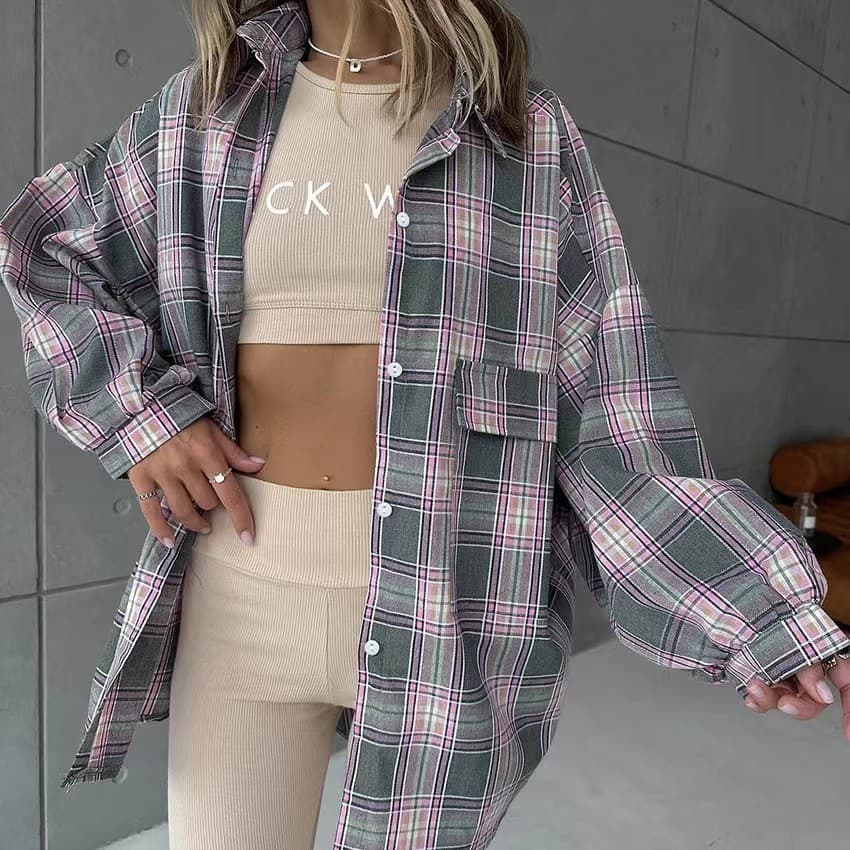 Estilo Europeu E Americano Retro Lapela Solta Versátil cardigan Xadrez Camisa