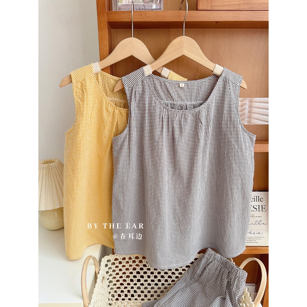 Japonês fresco xadrez puro algodão fio-tingido lavado algodão pijamas feminino verão sem mangas colete Shorts Loungewear