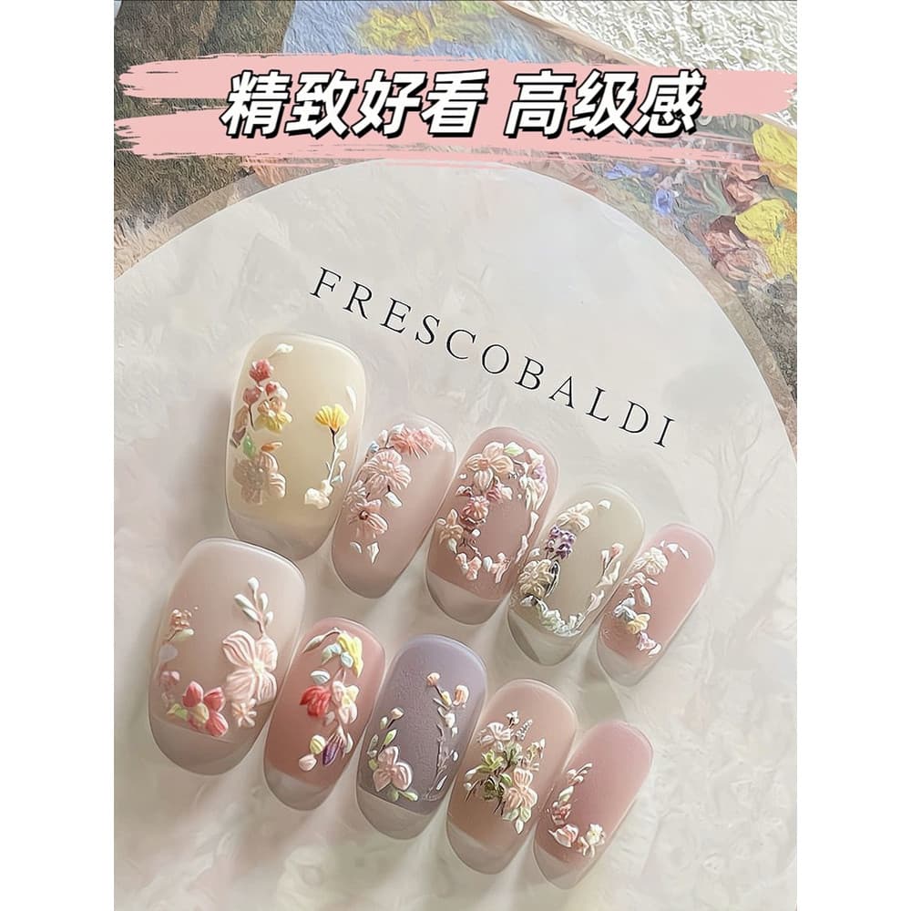 Unhas vestíveis foscas curtas, novo estilo, Manicure, unhas bordadas em relevo à mão, lindo jardim Monet 2026, sensação
