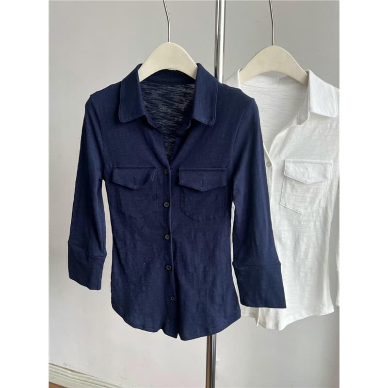 Cintura estreita manga três quartos cor sólida gola polo camisa feminina puro desejo estilo temperamento Design Casual I