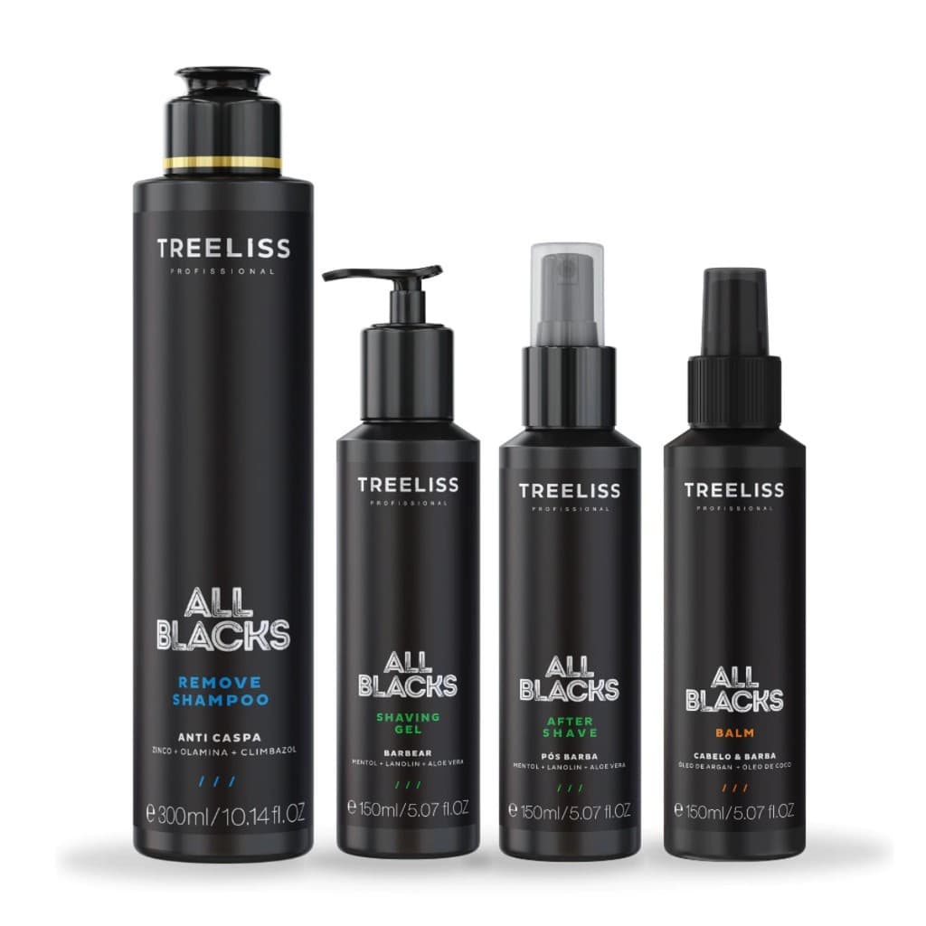 Kit All Blacks 4 Passos Shampoo + Gel Barbear + Pós Barba + Balm - Treeliss Profissional