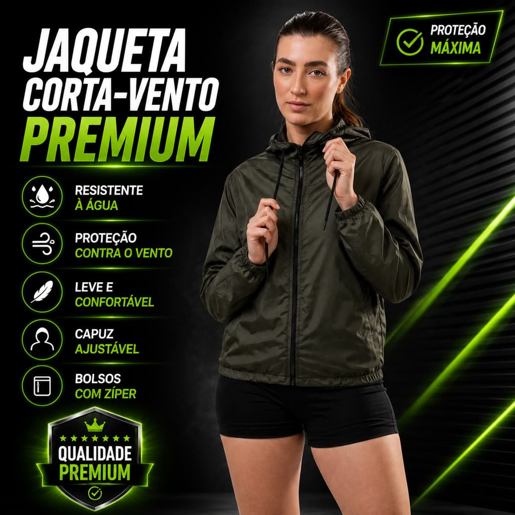 Jaqueta Corta Vento Feminina Sport Térmica UV50 Verde Militar Capuz