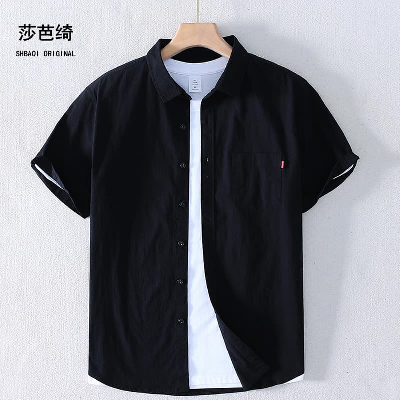 Sabaqi verão fino juventude masculino puro algodão camisa de manga curta lapela topo masculino Casual camisa de meia man
