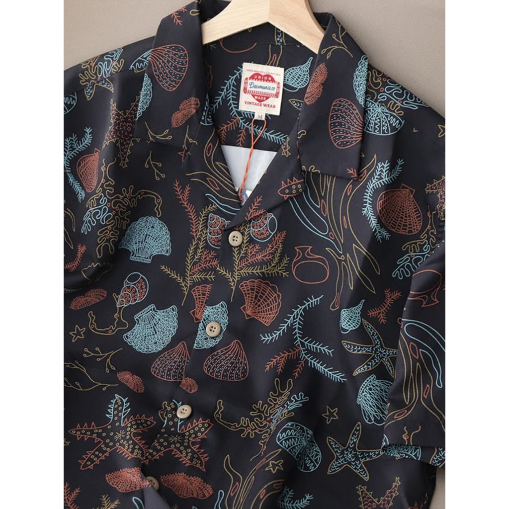 Camisa masculina retrô americana com gola cubana, verão, manga curta, beira-mar, praia, estampa havaiana, solta, Casual,