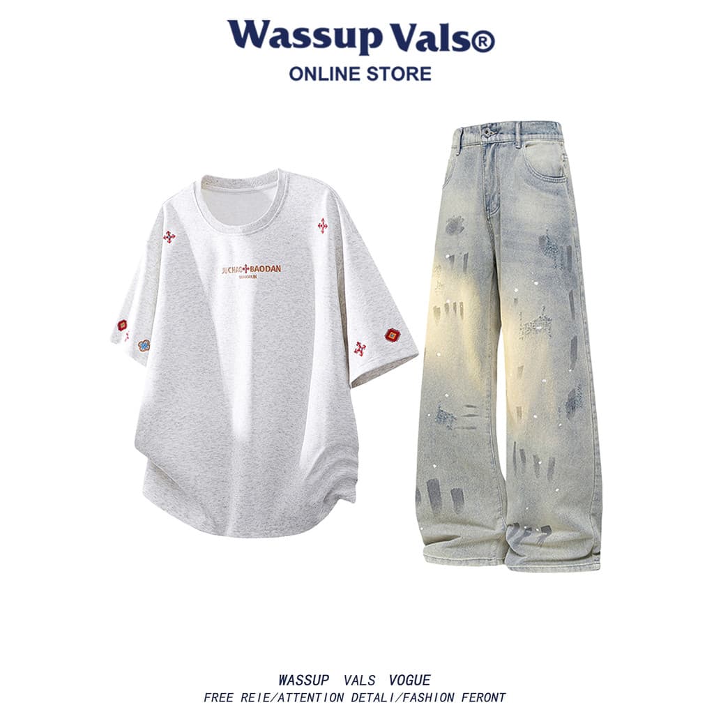 WASSUP VALS American Heavy Design Bordado Tie-Dye Conjunto de camiseta de manga curta masculino verão Street Wear conjun