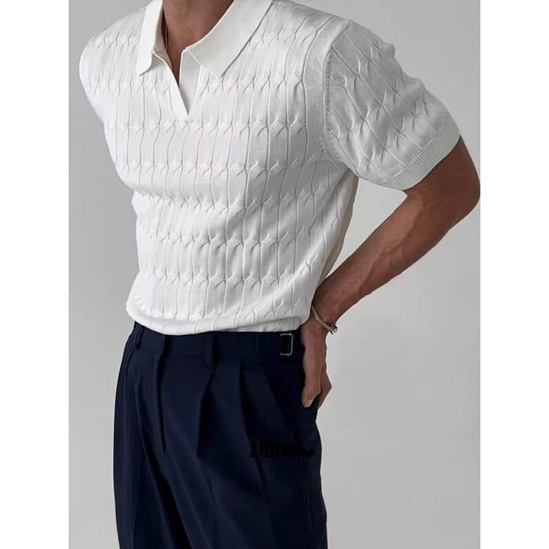 Americano Retro verão novo estilo de malha Polo camisa masculina de manga curta Casual meia manga lapela camiseta magro-