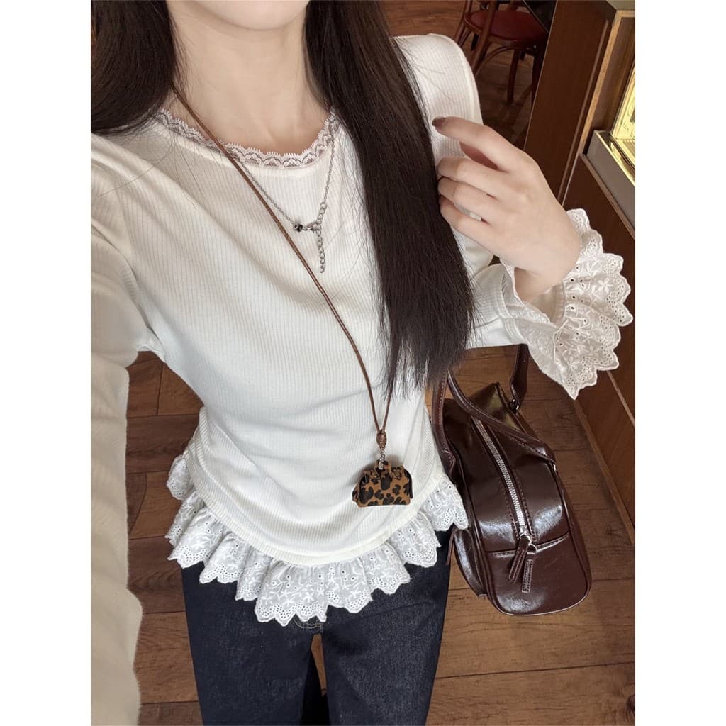 Estilo coreano fungo borda em torno do pescoço de manga comprida camisa de fundo feminino início do outono estilo de man