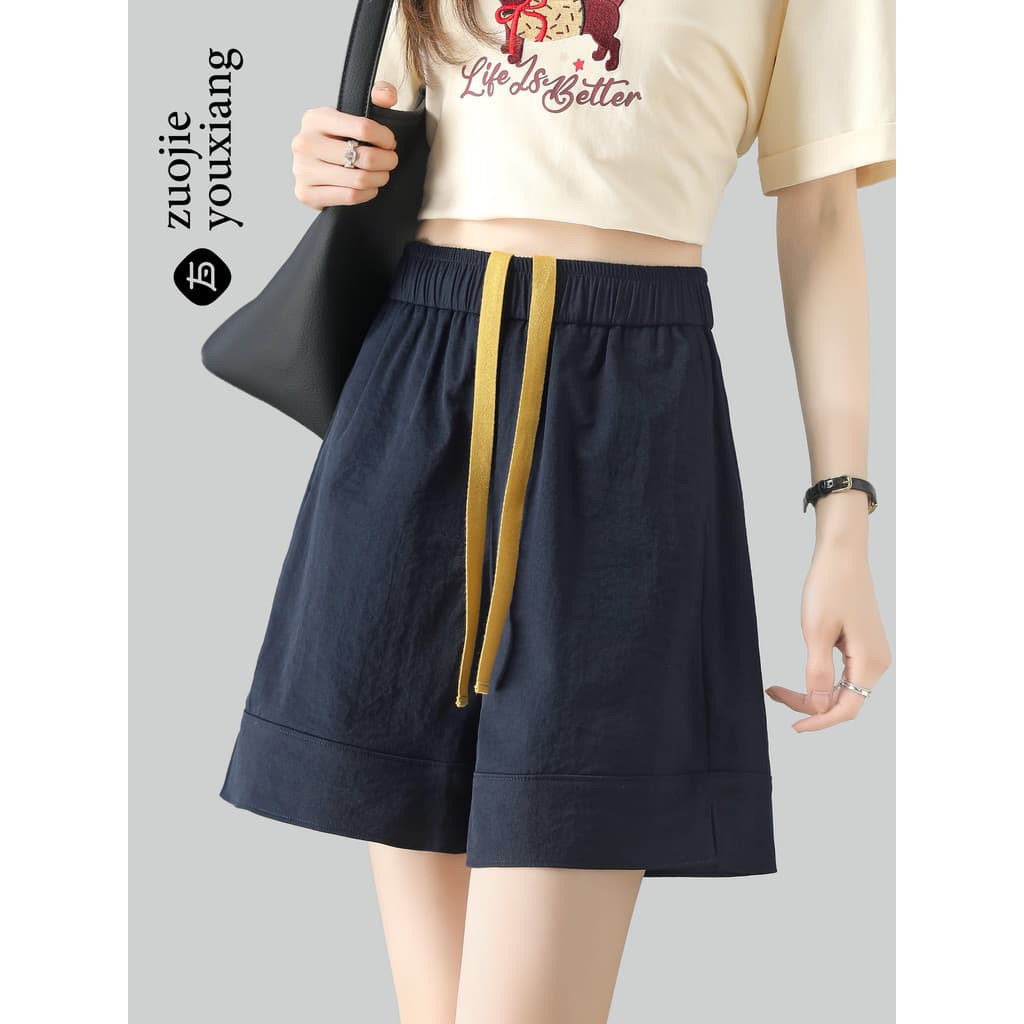 Casual Shorts de perna larga feminino fino 2026 verão novo estilo cordão rendas A linha cintura alta mais magro olhar mo