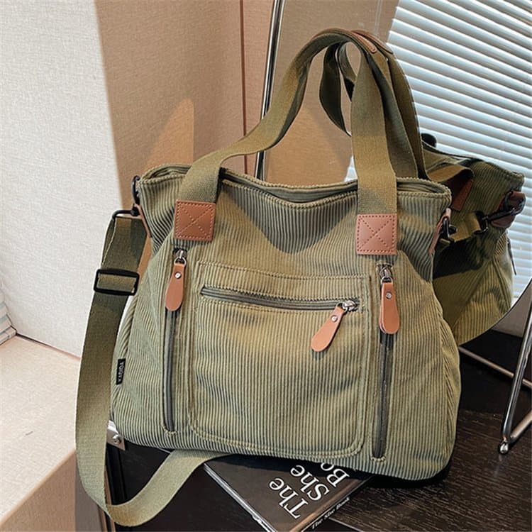 Bolsa Feminina Grande de Ombro Transversal de Veludo Cotelê Estilo Tote Sacola Casual Trabalho Escolar