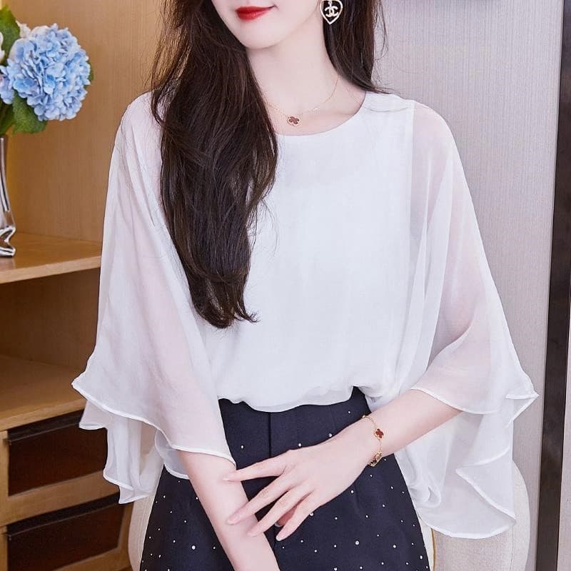 Verão novo estilo Chiffon camisa de três quartos manga feminina coreano chique boneca manga moda moda carne-cobrindo peq