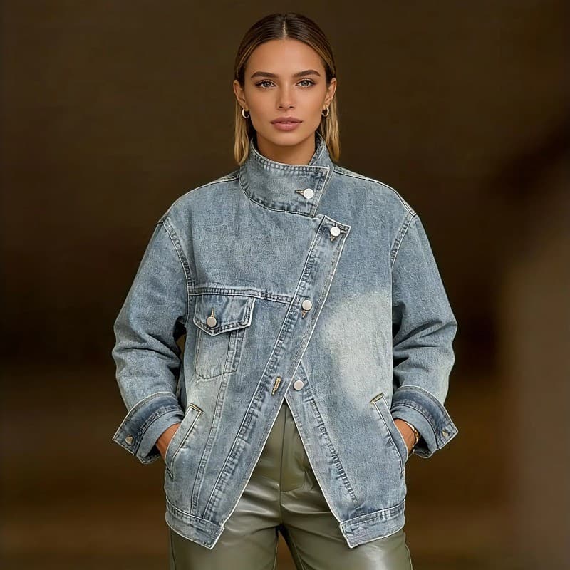 Jaqueta Jeans Folgada Com Design Assimétrico De Fixação Diagonal 202608A