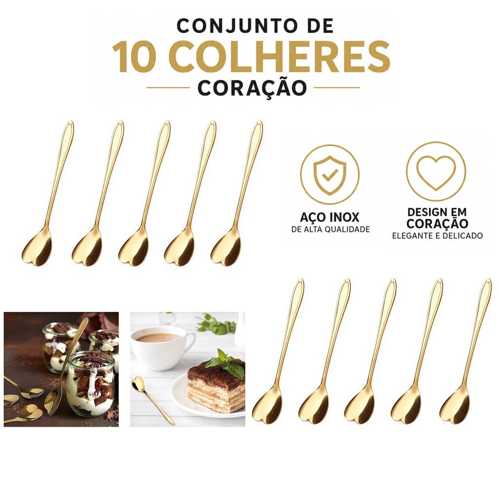 Kit 10 Colheres para Café Coração Dourada Aço Inox Colher de Chá Sobremesa Reutilizável 12,5cm