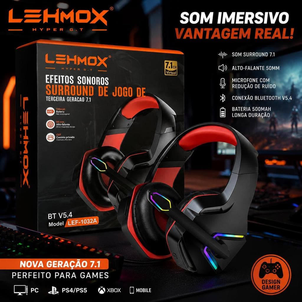 Fone Gamer Bluetooth LEHMOX LEF-1032A Sem Fio RGB 7.1 Surround Microfone