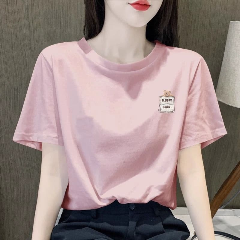 2026 Nova Camiseta de Verão Rosa de Algodão Puro de Manga Curta para Mulheres, Estilosa, com Decote Redondo, Estampada,
