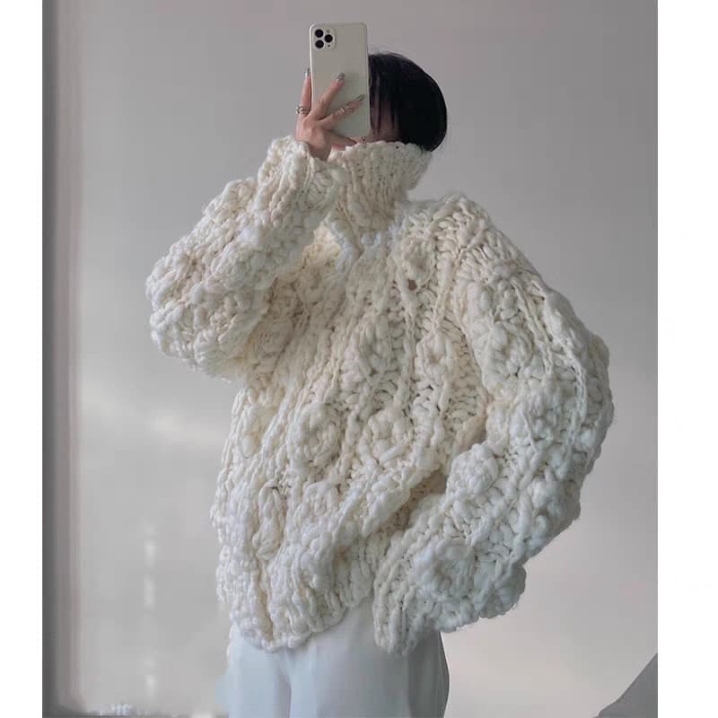 Outono inverno novo estilo único branco gola alta lã padrão tridimensional camisola feminina preguiçoso grosso lã pulôve