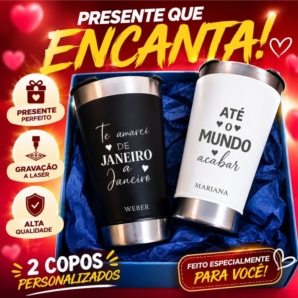 KIT CASAL 2 COPOS TÉRMICOS 473ML GRAVAÇÃO LASER COM FRASE E NOMES PRESENTE NAMORADOS PERSONALIZADO