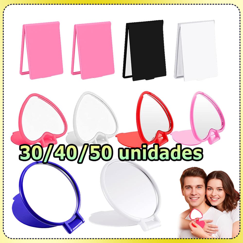 Kit 30/40/50 Mini espelho de maquiagem espelho de bolso espelho em formato de coração/redondo/quadrado espelho dobrável
