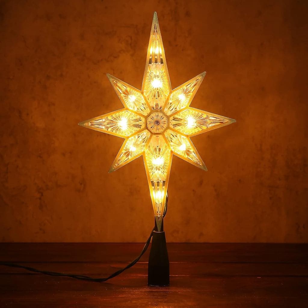 Ponteira de Árvore de Natal Brizled, 11" Estrela de Belém Dupla Face Branco Quente, Ponteira de Árvore de Natal Polaris