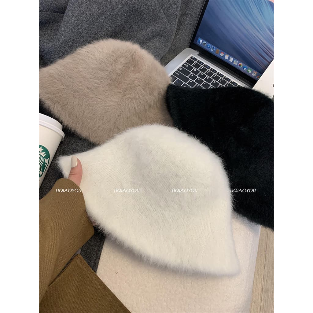 Li Qiaoyou Premium Simples Rosto Cobrindo Rosto Preto Balde Chapéu Homens Mulheres Outono Inverno Pele de Coelho All-Mat