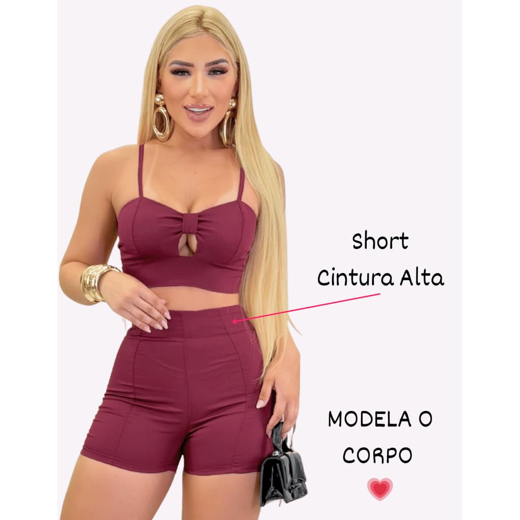 Conjunto Alfaiataria Feminino Shorts Cintura Alta Modelador Levanta Bumbum  Cropped com Detalhes
