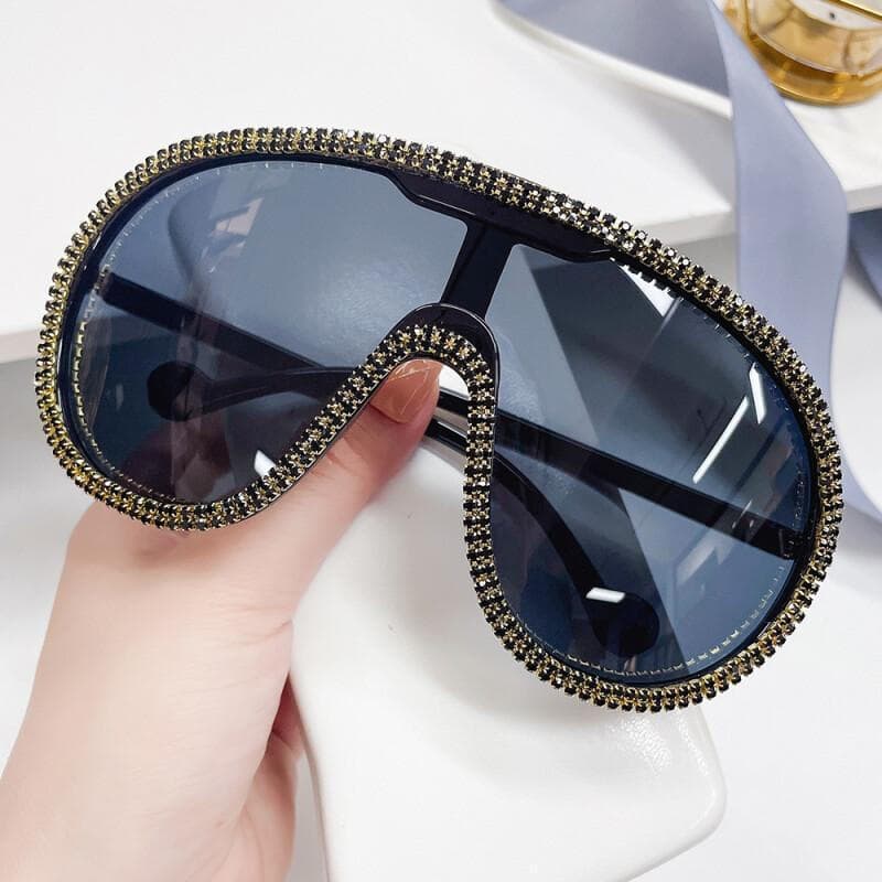 Óculos de Sol Femininos Oversized com Strass e Diamantes, Lentes de Sol Femininas em Tendência, Proteção UV400