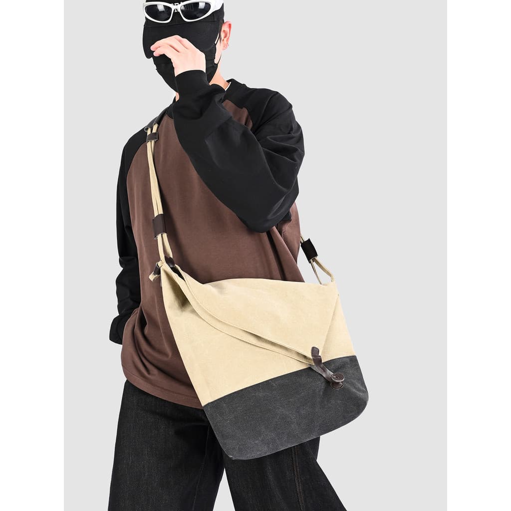 Contraste cor lona ombro saco do mensageiro dos homens Commuter Street Wear saco do mensageiro grande capacidade lazer v