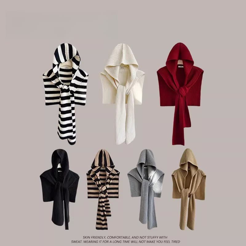 Design listrado de malha com capuz xale feminino outono inverno novo estilo cachecol quente chapéu um lenço de suporte d