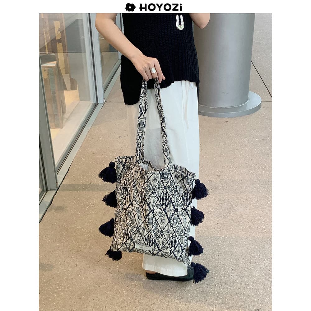 [Bolsa Xiaoyoujia] HOYOZI Bolsa com borla Bolsa de lona bordada de grande capacidade para indústria pesada feminina ombr