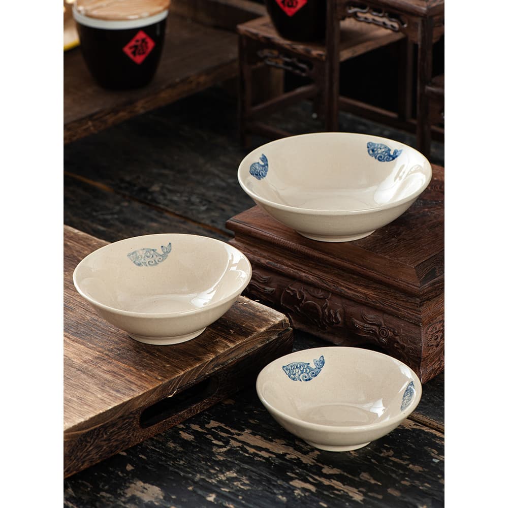 Tigela de vinho à moda antiga Tigela de porcelana grossa antiga Tigela de arroz de cerâmica Talheres de porcelana 20 cm