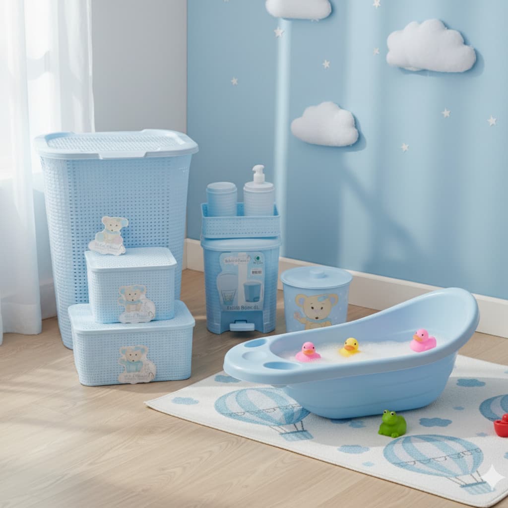 Kit Organizador Quarto Bebê completo 7 peças Azul Banheira Rattan Cesto Lixeira Caixa Multiuso